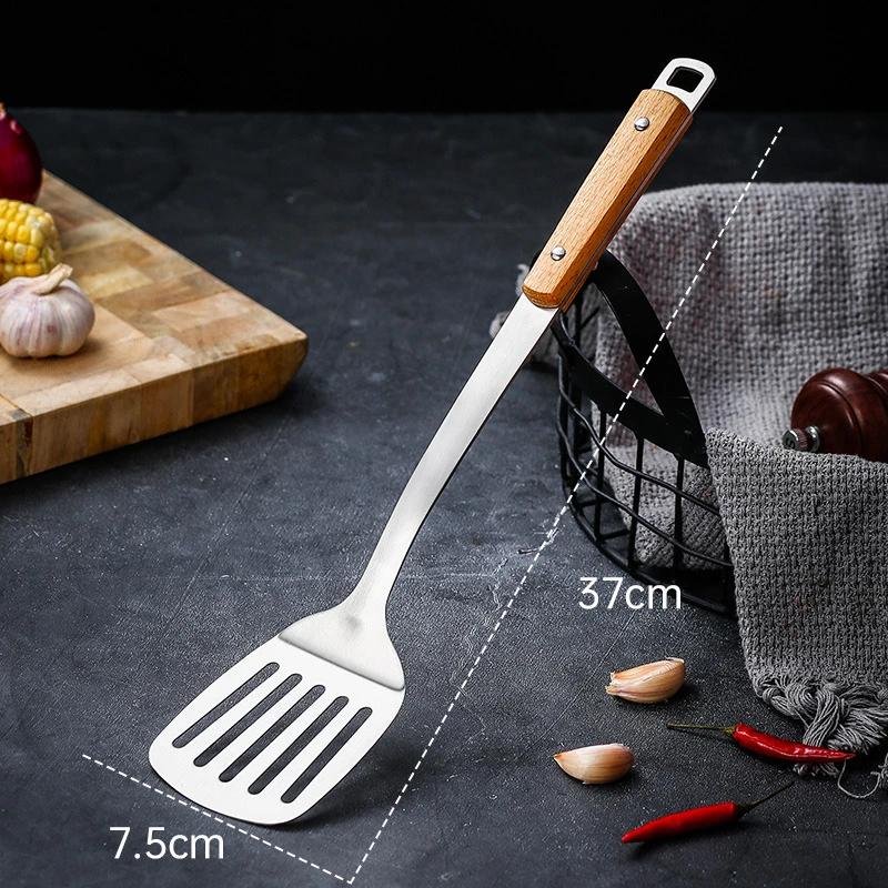 Лопатка для вока с деревянной ручкой Лопатка из нержавеющей стали 304 Кухонная утварь Лопатка с длинной ручкой Лопатка для жареного стейка большого размера