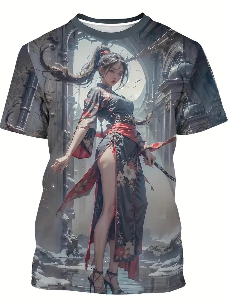 2025 Men's T-Shirt Anime Samurai Girl 3D Print t shirt Fashion Men Women Street Trend Top Japanese Korean Style Short Sleeve Tee