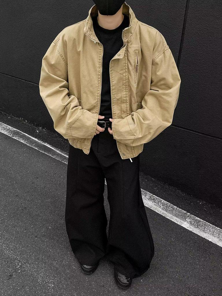 Unisex Retro Khaki Stand-up Collar Workwear Jacket – High-End Fit & Trendy Barn Style