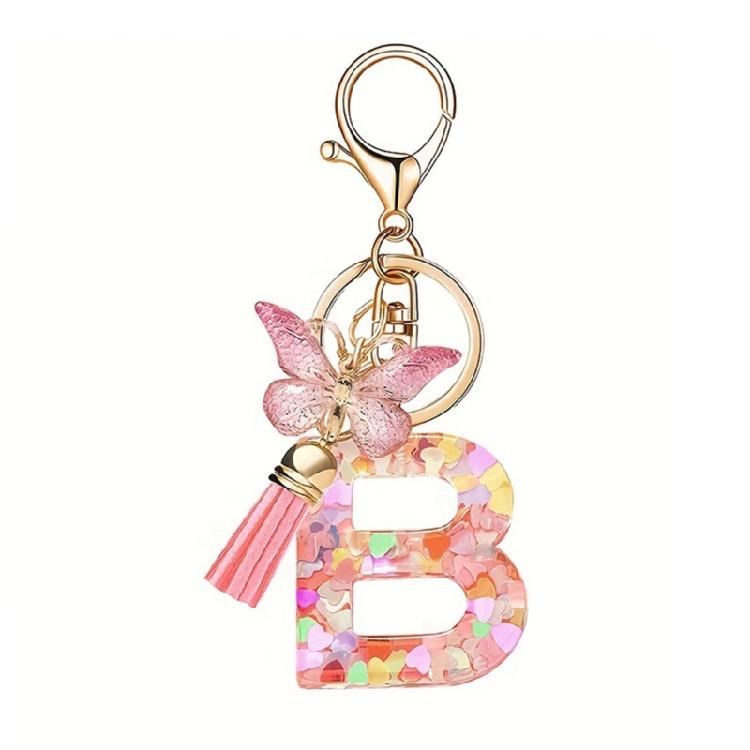 Fashionable Crystal Letter Keychain Sparkling Butterfly Tassels Charm Keyring Ornament for Women Girls Accessories