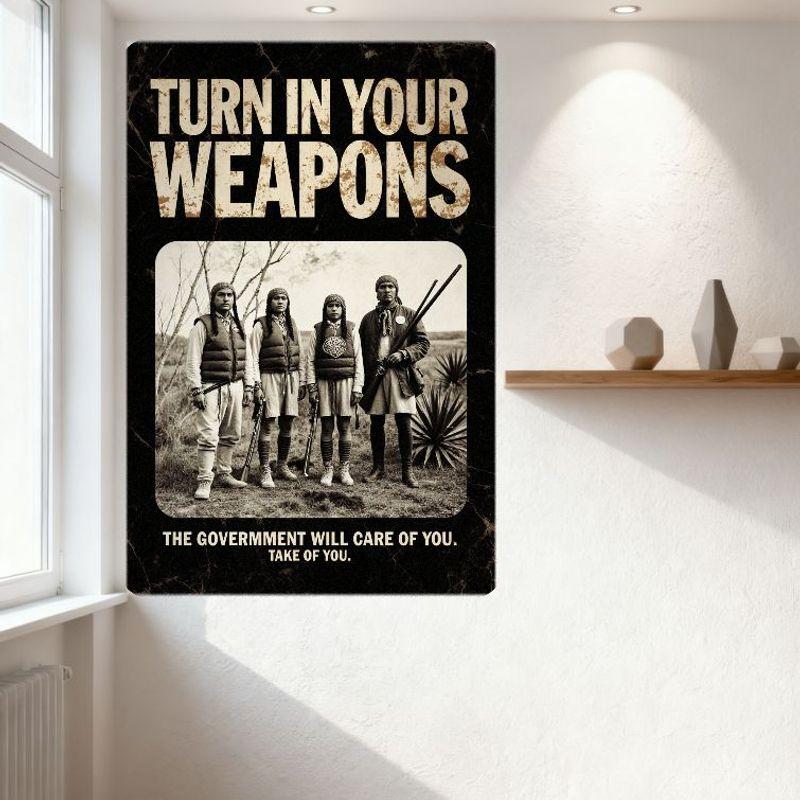 Vintage Schwarz-Weiß 'Waffen abgeben' Propaganda Metallblechschild - Historisches Unheilvolles Poster für Heimbar Man Cave Café De