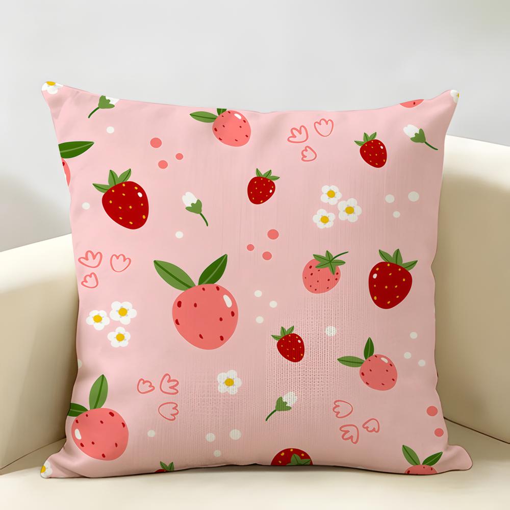 Cute Strawberry Girl Pink Cushion Cover Natural Linen Organic Fabric DoubleSided Printing Room Sofa Decor Pillow Case