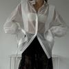 Solid See Through Women Shirt Commut Wear Lapel Long Sleeve Single Button Lace Up Female Blouse 2025 Spring Summer Elegant Office Lady Top