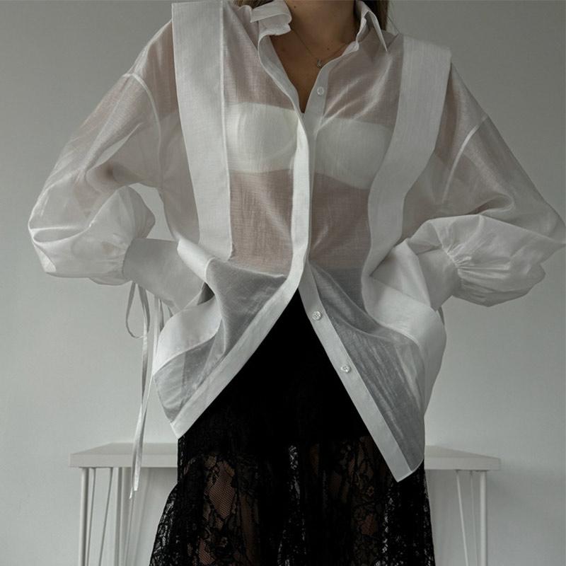 Solid See Through Women Shirt Commut Wear Lapel Long Sleeve Single Button Lace Up Female Blouse 2025 Spring Summer Elegant Office Lady Top