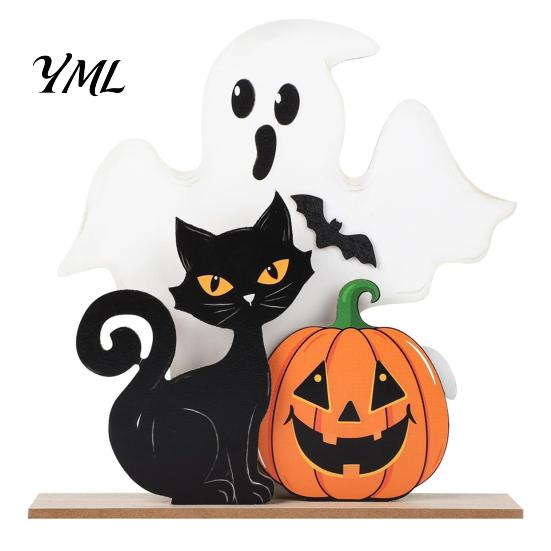 Compact Festive Ornaments Halloween Table Decor, Wooden Black Cat Ghost Pumpkin Decorations Indoor Cute Burr Free Wood Crafts Gifts, Room Decor