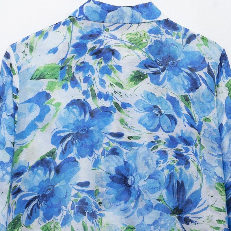 Kaslead New Arrival Women's Fashion Style Flower Print Stylish Temperament Long Sleeves Lapel Shirt 5029053