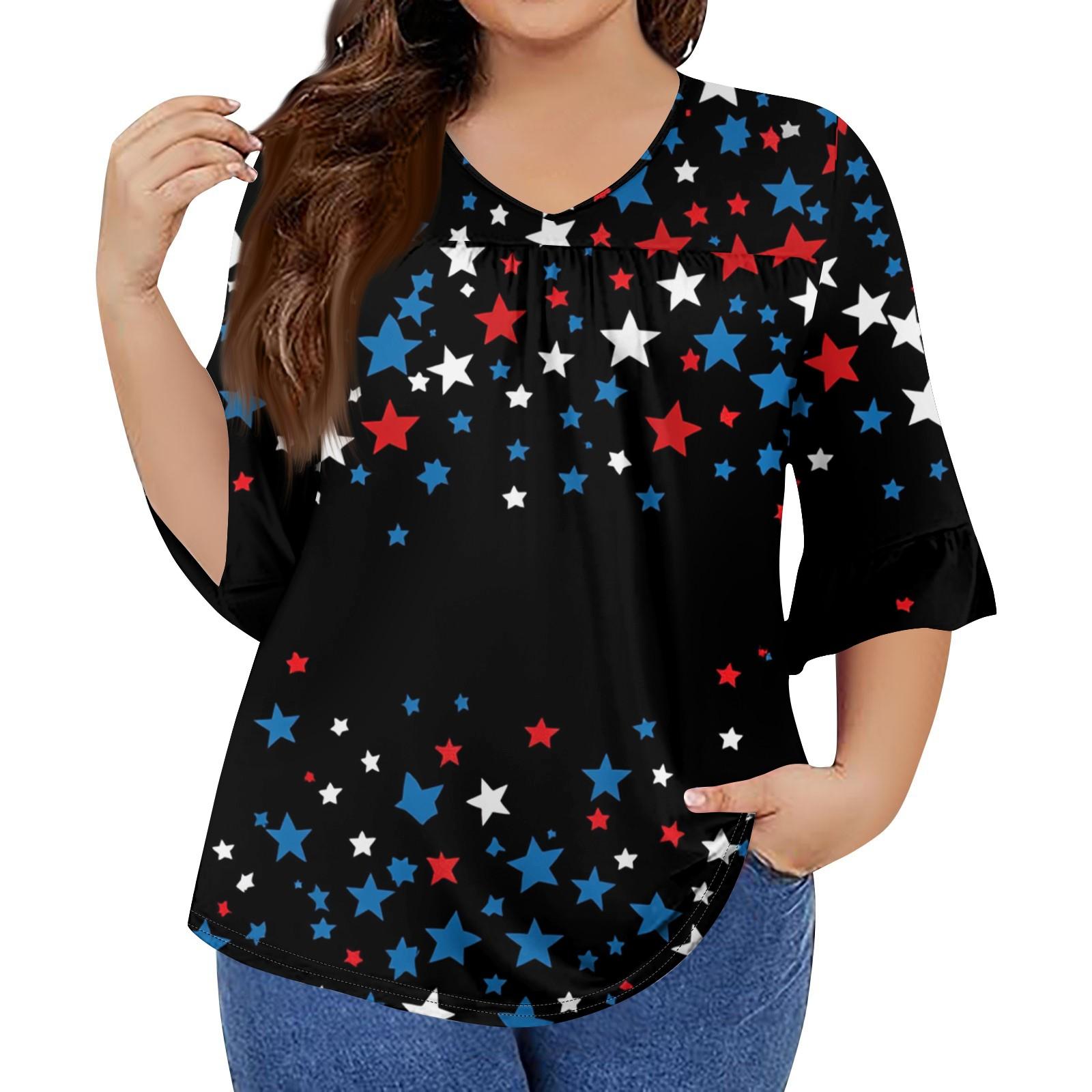 

Жіноча Мода Повсякденна V-подібна горловина Рукав сім восьмих Рукав з воланами День Незалежності Принтована Футболка Топи Жіноча Великого Розміру XXL чорний