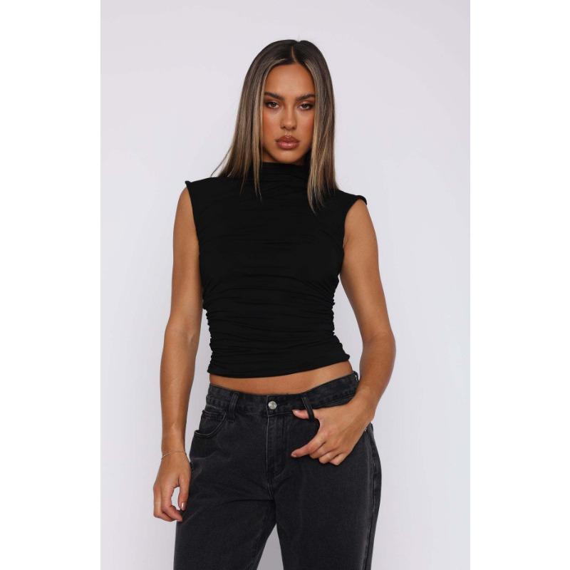 Women European American Style Solid Color Slim Fit Half Turtleneck Sleeveless Sexy Tank Top