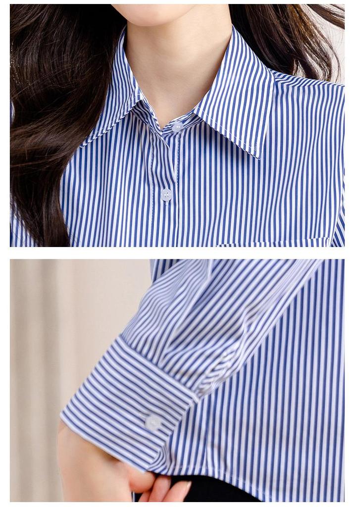Women's Blue Striped Long Sleeve Shirt - 2026 Spring Slim Fit, Fashionable & Professional Design