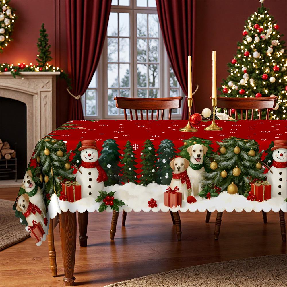 Christmas Cute Pet Snowman Round Tablecloth, Family Party Table Decorative Cloth, Warm Winter Atmosphere Layout