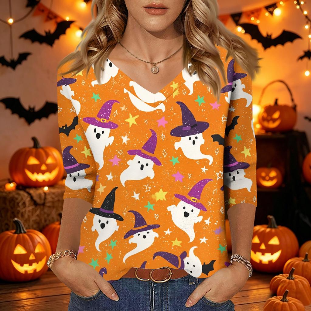Damen Freizeit Halloween Aufdruck V-Ausschnitt Dreiviertelarm Oberteil Leicht Bequeme Passform Stilvolles Design für den Alltag