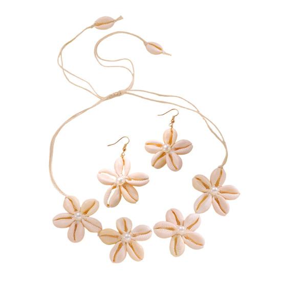 Natural Seashell Flower Jewelry Set Handmade Shell Necklace Earrings with Faux Pearl Accents Beach Vacation Casual Gift for Coastal Lovers