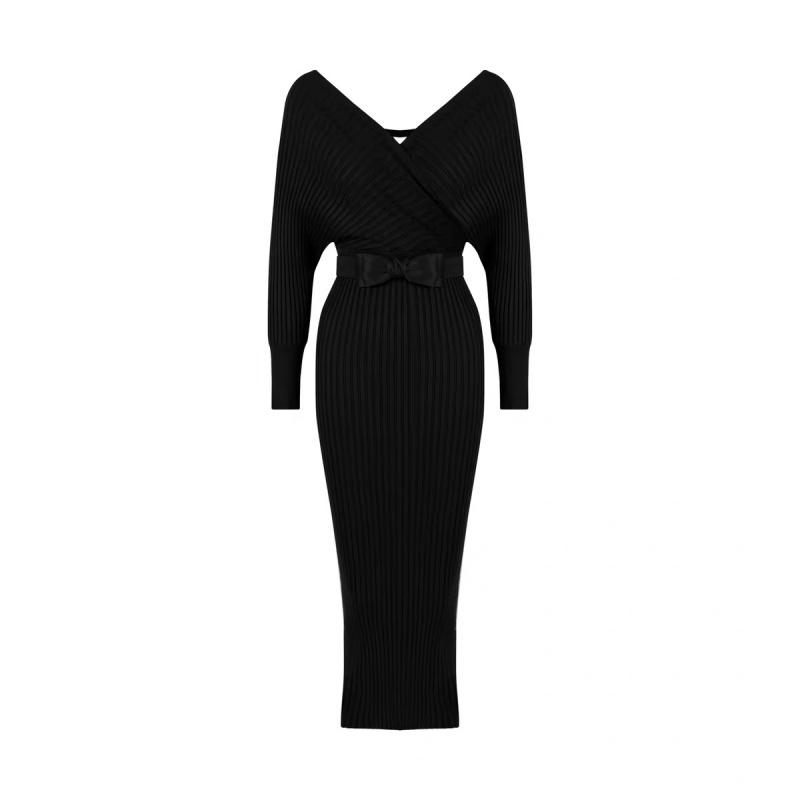 Purple V-neck Knit Sweater Dress for Women Fall Elegant Style Knitted Batwing Sleeve Slim-Fit Long-Sleeve Bodycon Dress
