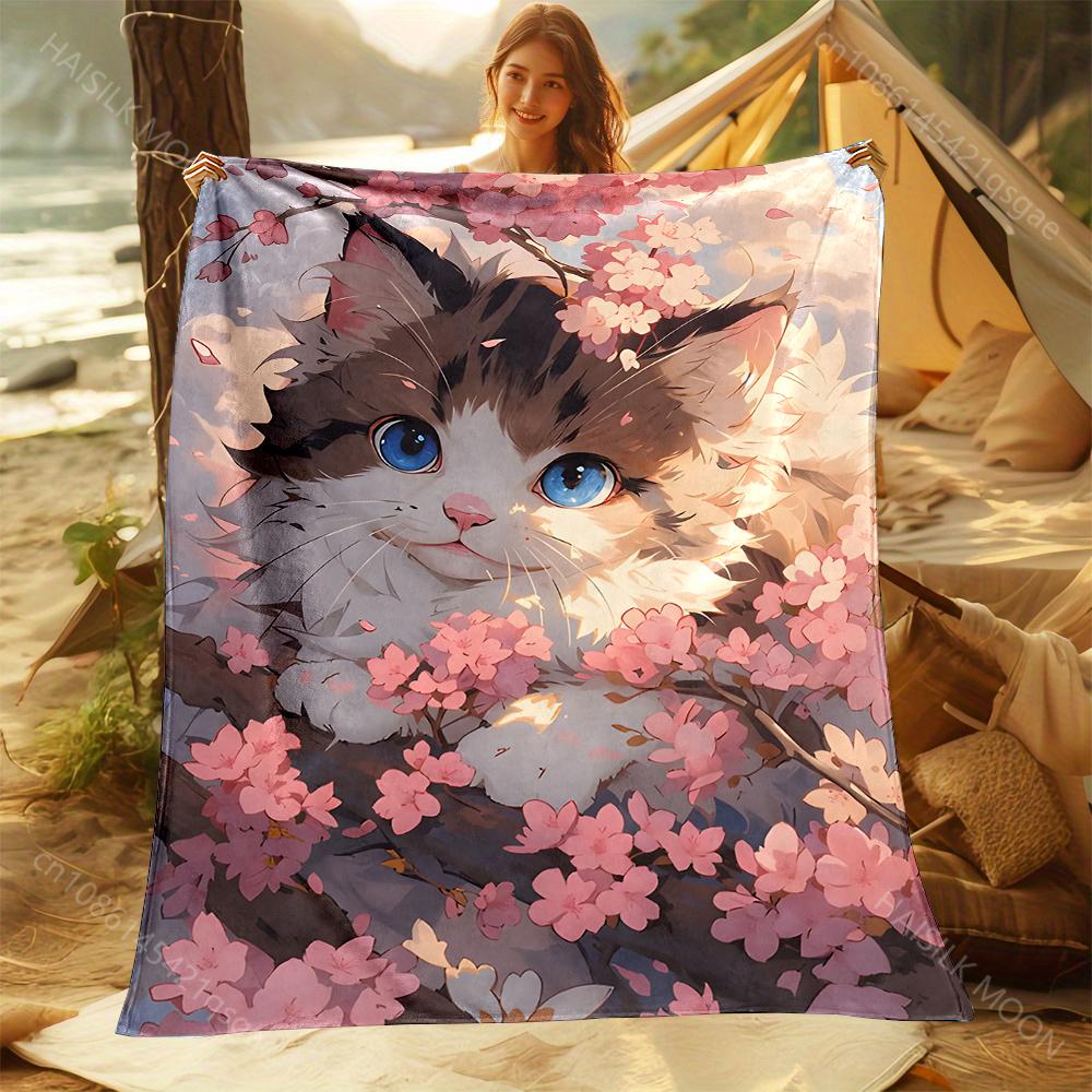 Multiple sizes Cat hiding in cherry blossoms Blanket Suitable for Home Bedroom Sofa Travel Camping Blanket Various Sizes Gifts