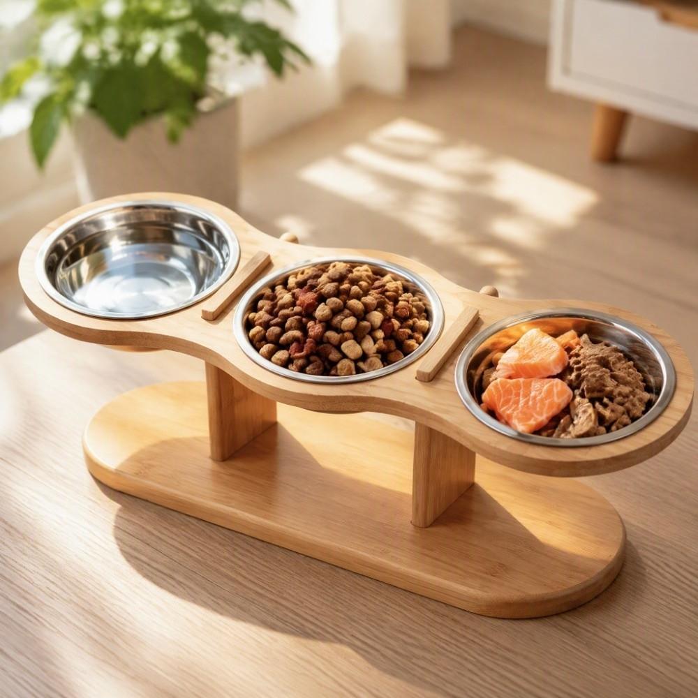 3 Bowls Elevated Pet Feeder Bowl Neck-Protecting Stainless Steel Cat Food Water Bowl Anti Knock Detachable Wood Stand Feeder