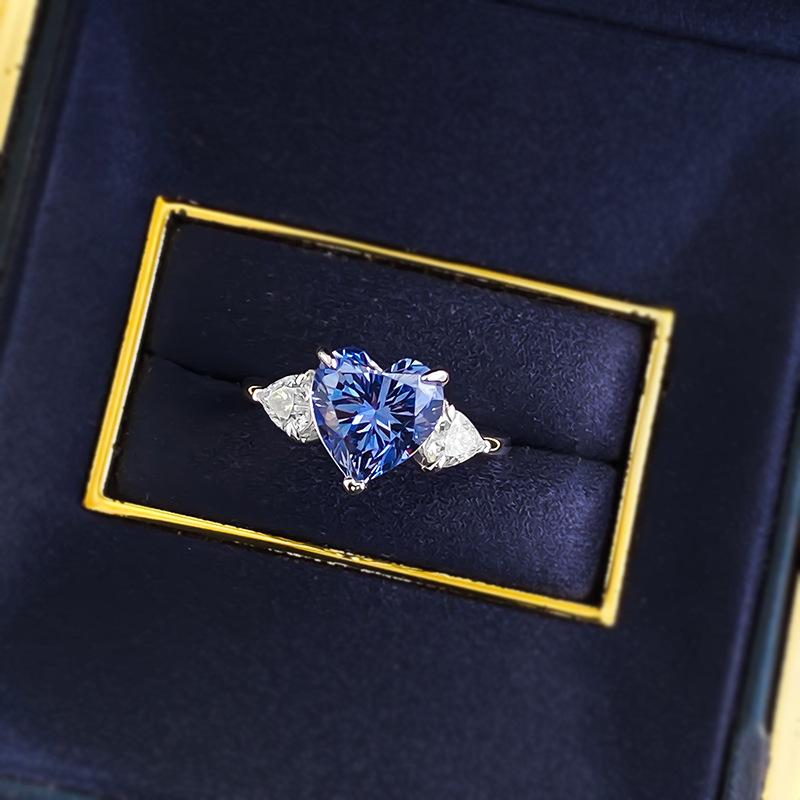 Xiancan Jewelry S925 Silver Heart-Shaped Blue-Gray Diamond Three-Stone Ring