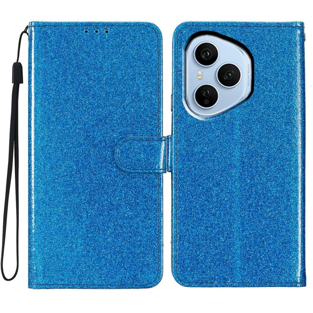 Für Honor 400 Pro 5G (Global) Glitzernde Kratzfeste Leder-Ständer-Handyhülle mit Riemen