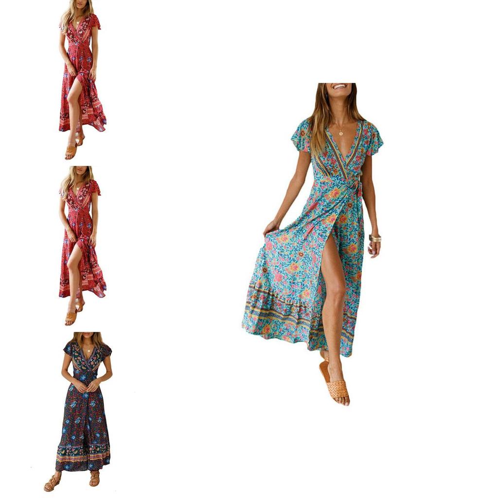 Elegant Women Wrap Summer Boho Floral Short Sleeve Maxi Print Dress For Holidays