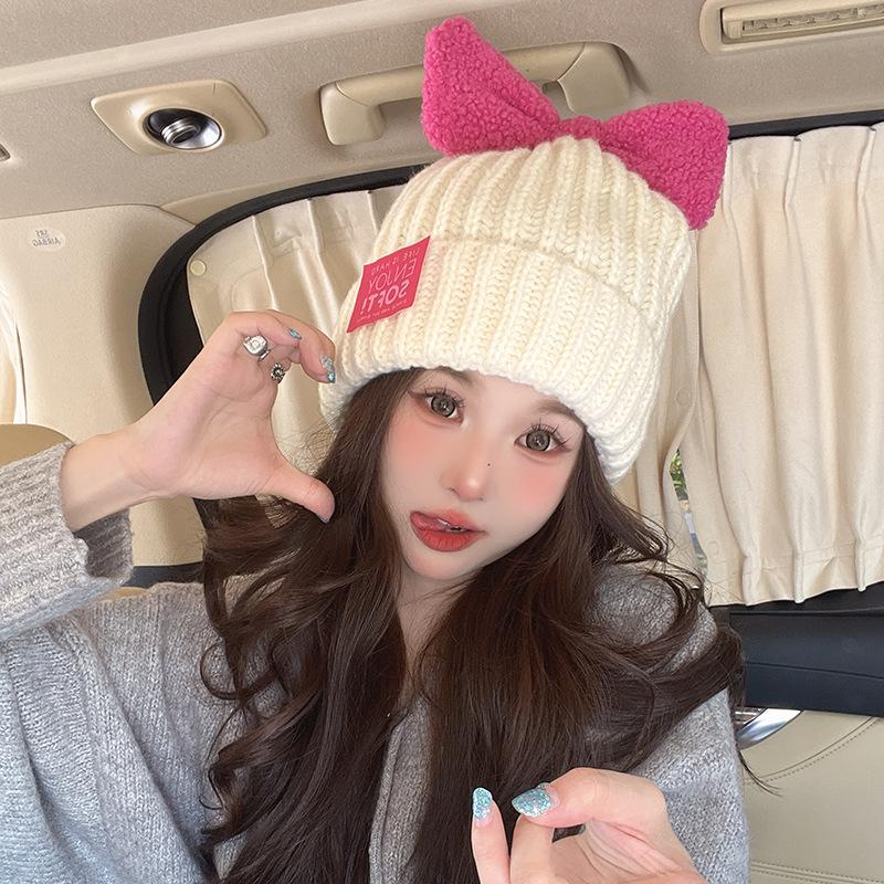 Autumn and Winter Candy Color Bow Wool Hat for Women Korean Style Versatile Face Showing Small Warm Knitted Hat for Students Sweet Cold Hat