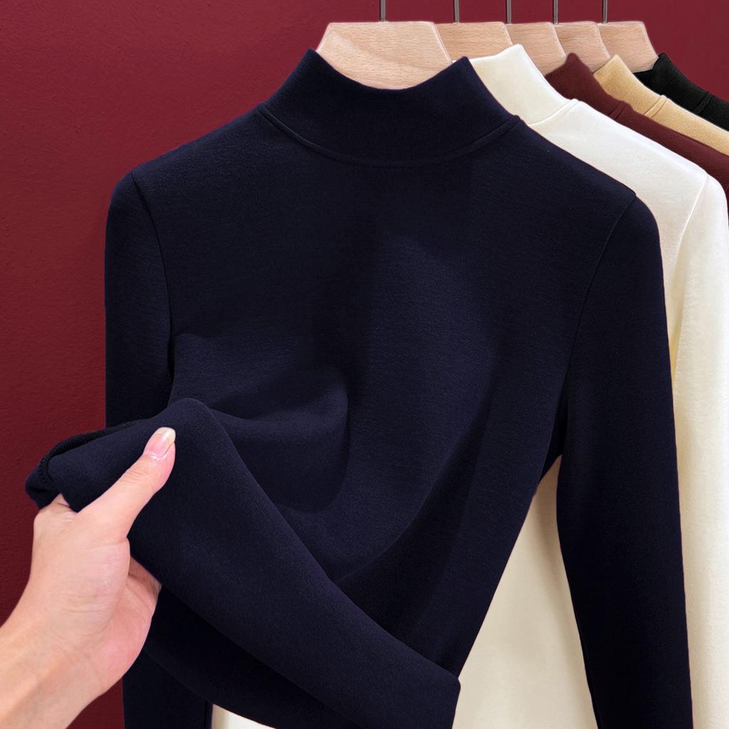 Semi-turtleneck silk thermal underwear women's top, piled and thickened inside, including wool bottoming shirt, heating autumn clothes winter