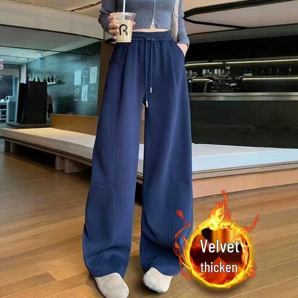 Dámské sportovní kalhoty s širokými nohavicemi s vysokým pasem a fleecovou podšívkou: Zeštíhlující, volný střih, ležérní tepláky na podzim/zimu.