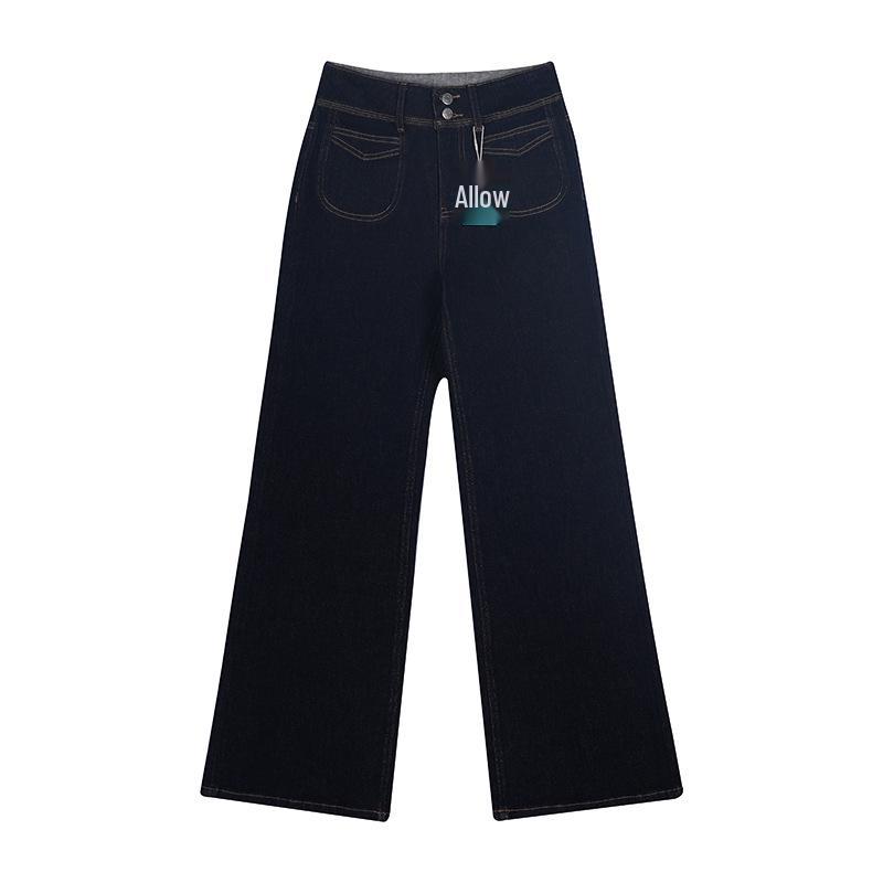 Straight Leg Retro High-Waist Double-Breasted Jeans - Autumn/Winter Women s Loose Wide Leg Pants Large