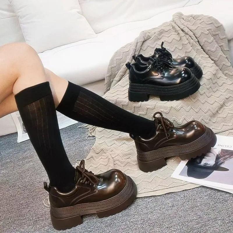 Fashion Women's Fashion Thick Heel Shoes Spring New Round Head Deep Mouth Front Lacing Thick Soles Non-slip Low-top Shoes