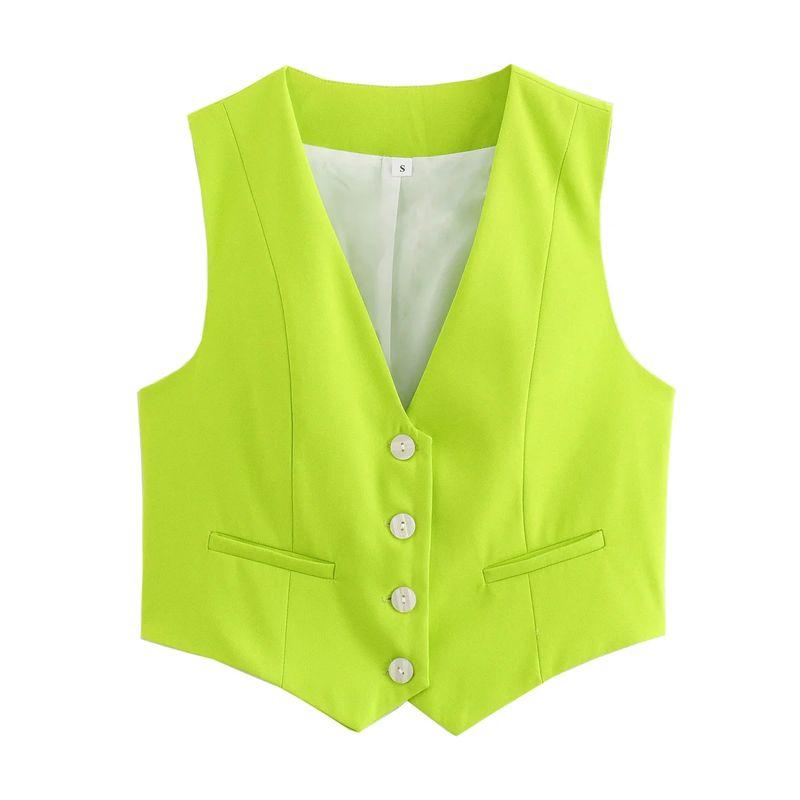 Spring and Summer New Women's Clothing Minimalist Style V Neck Sleeveless Decorated Row Button Short Candy Color Vest Jacket 2347888