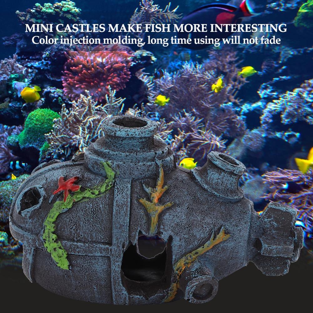 Hollow Cave Submarine Wreck Ornament Blue Weathered Finish Fish Tank Ornament  Sunken Ship Decor