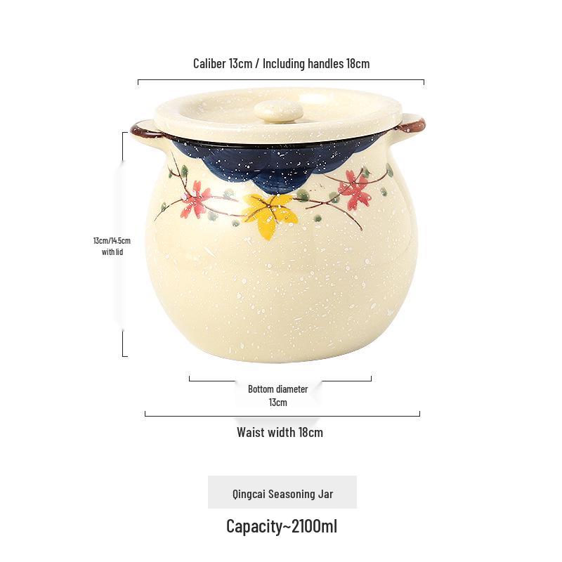 Japanese Double-Handle Ceramic Lard & Chili Oil Jar, Large Capacity, Heat-Resistant, with Lid & Spoon
