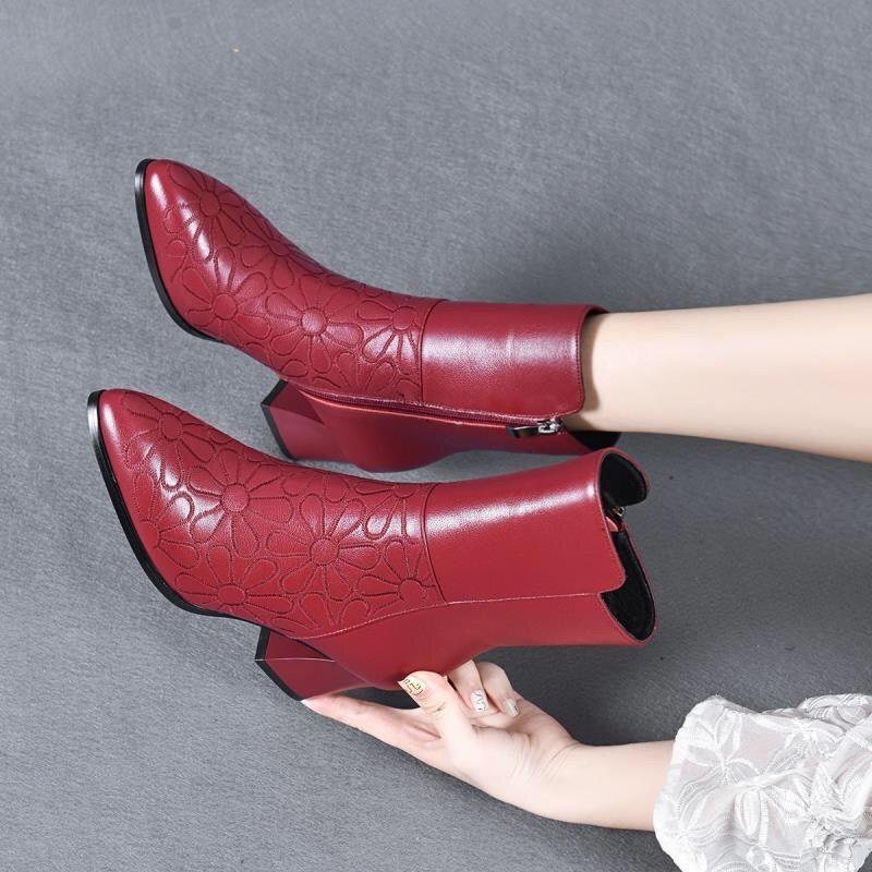 Women Ankle Boots Fashion Short Soft Leather High Heel Ladies Shoes Side Zipper for Women