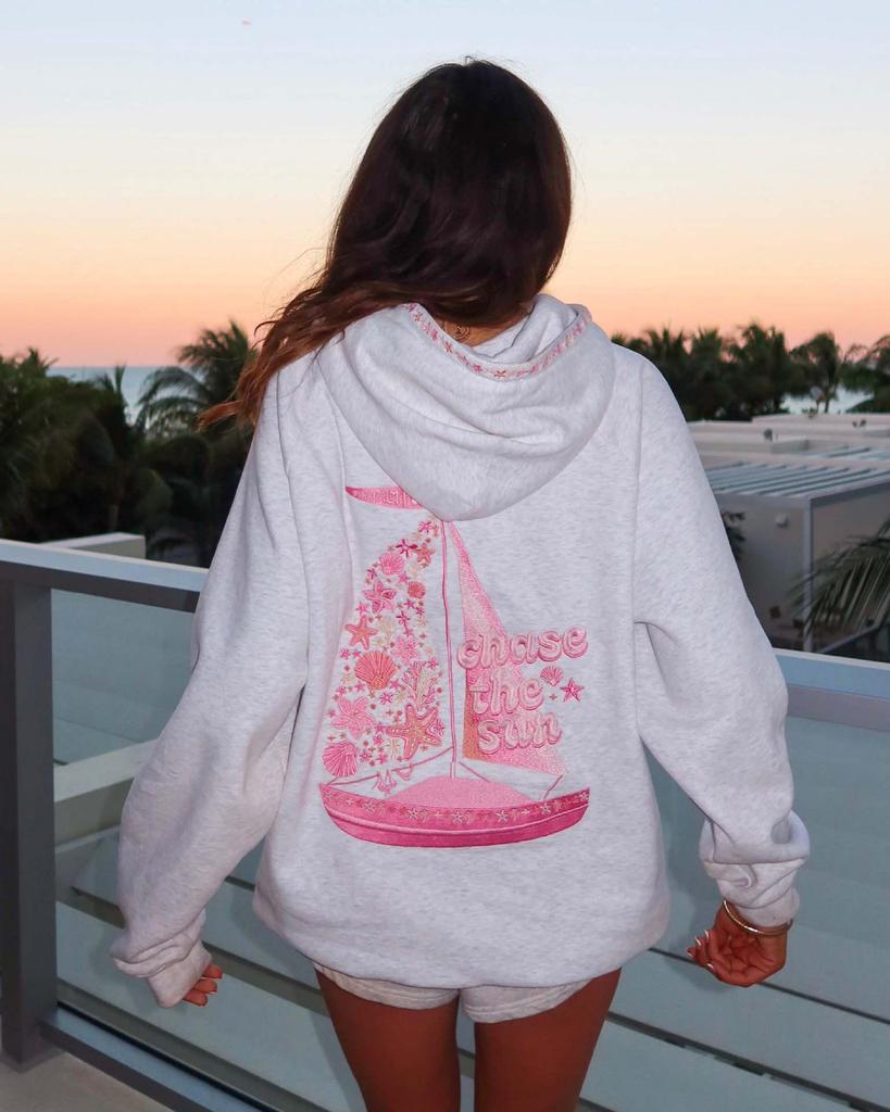 2026 Cross Border Embroidered 'Chasing the Sun' Hooded Sweatshirt: European Size, Drop Shoulder Design