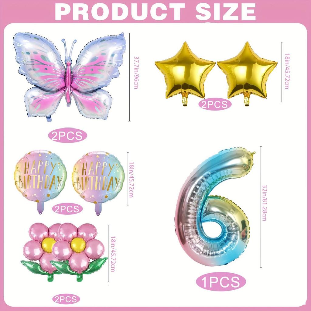 Butterfly & Daisy Star Gradient Foil Balloon Set for Birthday Party Decoration.