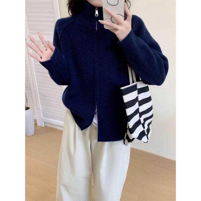 Autumn and Winter New Casual Simple Zipper Stand-up Neck Knitted Cardigan Women's Clothing Loose and Thin Versatile Sweater Jacket
