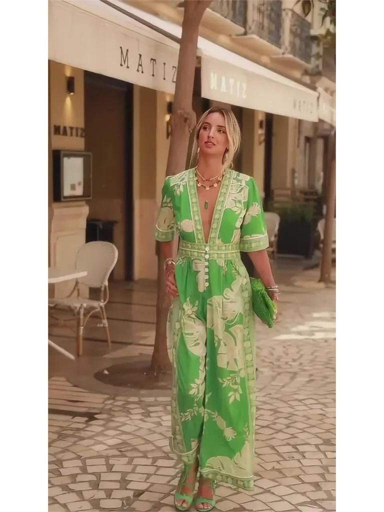 2024 Spring Women's V-Neck Short-Sleeve Printed Jumpsuit