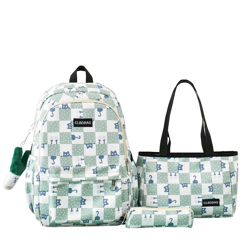 Three-Piece Backpack Set Large Capacity Student Schoolbag Junior High School Student Checkerboard Backpack with Lunch Bag Pen Bag