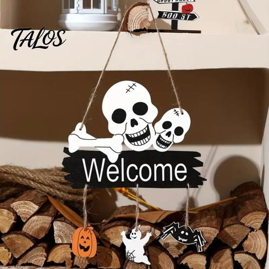 Halloween Ornament for Window Welcome Door Hanging Sign, 3D Layered Pumpkin Skull Spider Plaque, Theme Sign Wooden Front Porch Wall Decor Home