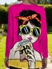 Ladies with pocket cartoon graffiti print loose long-sleeved T-shirt, fashion trend versatile top, bright pink shows temperament
