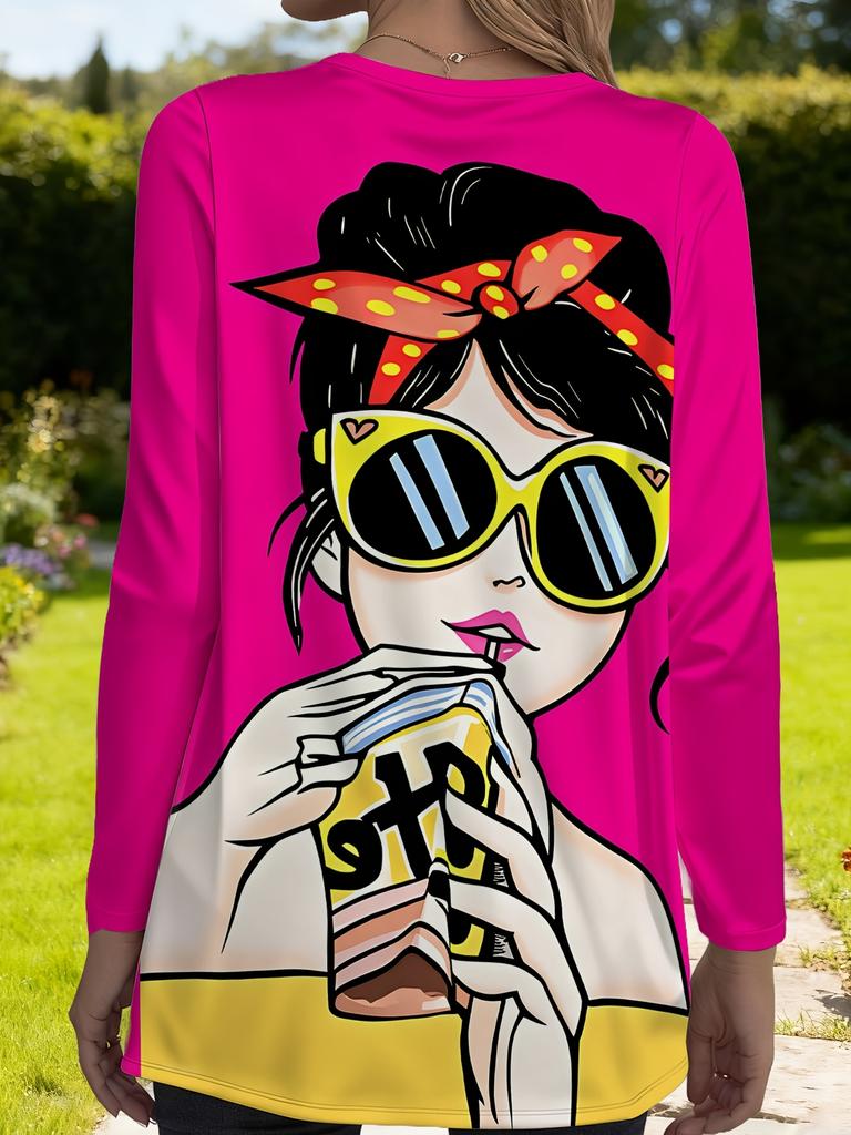 Ladies with pocket cartoon graffiti print loose long-sleeved T-shirt, fashion trend versatile top, bright pink shows temperament
