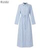 ZANZEA Women Casual Turn Down Collar Long Sleeve Stripe Dress