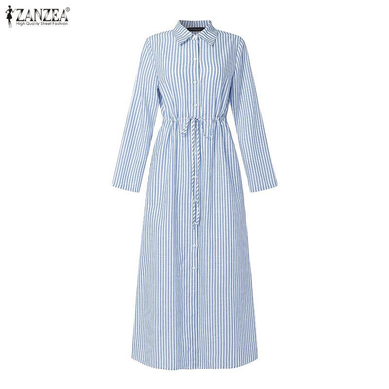 ZANZEA Women Casual Turn Down Collar Long Sleeve Stripe Dress