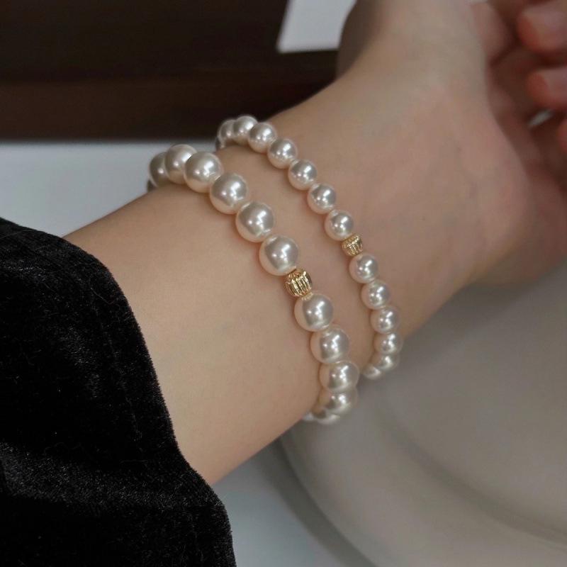 Sterling Silver Watermelon Round Bead Pearl Bracelet - Elastic, Classic, Simple, Fashionable, High-Grade, Handmade. 925 Silver