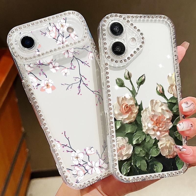 Flower Print Shockproof TPU Case For iPhone 17 Pro Max 16e 16 15 14 13 15 Pro 17 TPU Bling Diamond Soft Silicone Phone Cover