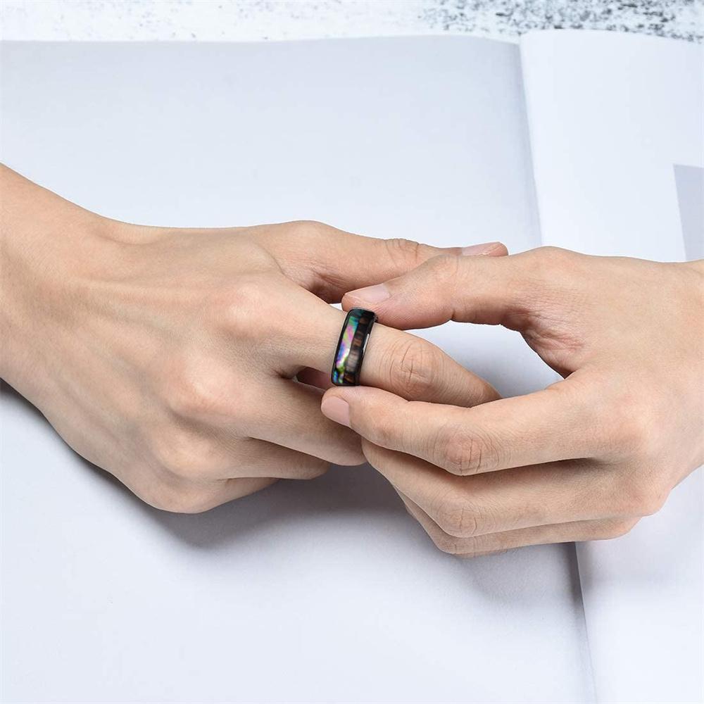 Fashion Men Black Stainless Steel Koa Wood Ring Inlay Colorful Abalone Shell Rings For Men Women Engagement Wedding Band
