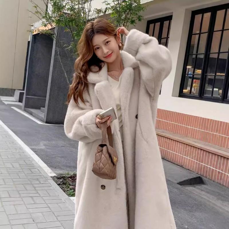 Womens Long Faux Fur Coat Notched Lapel Warm Street Style Outerwear