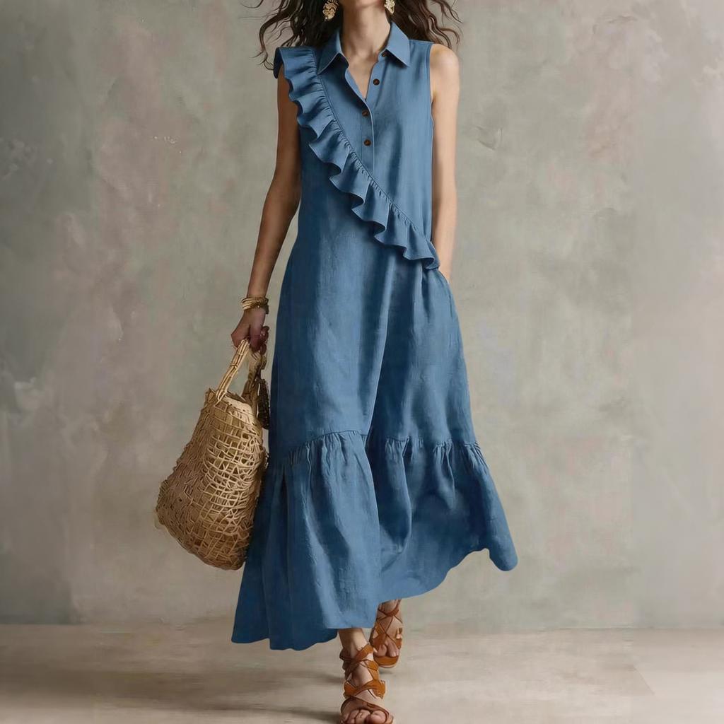 Women's Sleeveless V Neck Vintage Ruffle Midi Dress Casual Solid Relaxed Fit Summer Sundress for Daily Wear Vacation