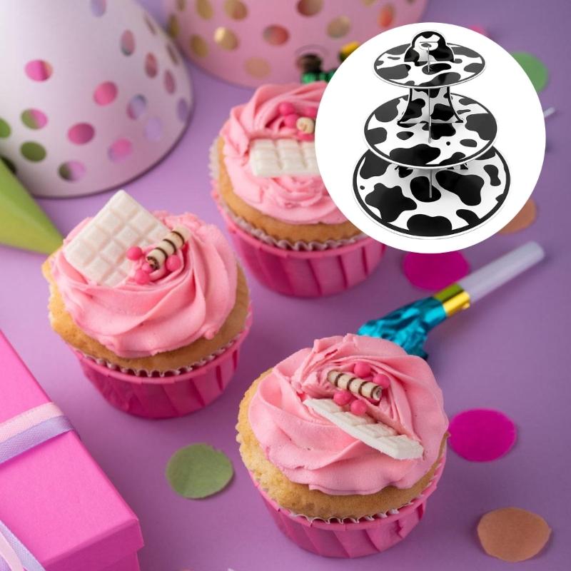 3 Level Dessert Display Tower for Kids Birthday Celebration Cupcake Holder Elegant Cow Print Cake Storage Stand