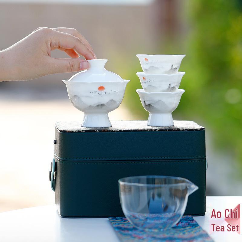 White Porcelain Travel Tea Set - Ten Thousand Miles of Rivers and Mountains