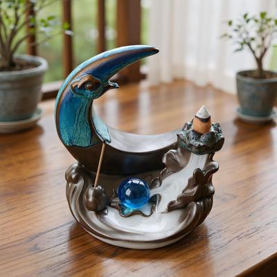 Back Flow Incense Cone Burner Moon Shaped Diffuser Waterfall Ceramic Incense Cone Holder for Home Room House Entryway Cabin
