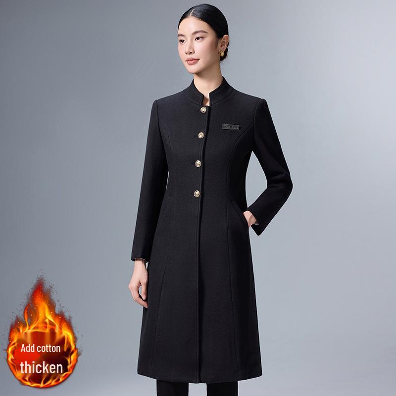 Women's Mid-Length Professional Stand-Collar Wool Coat - Winter Receptionist and Sales Workwear.